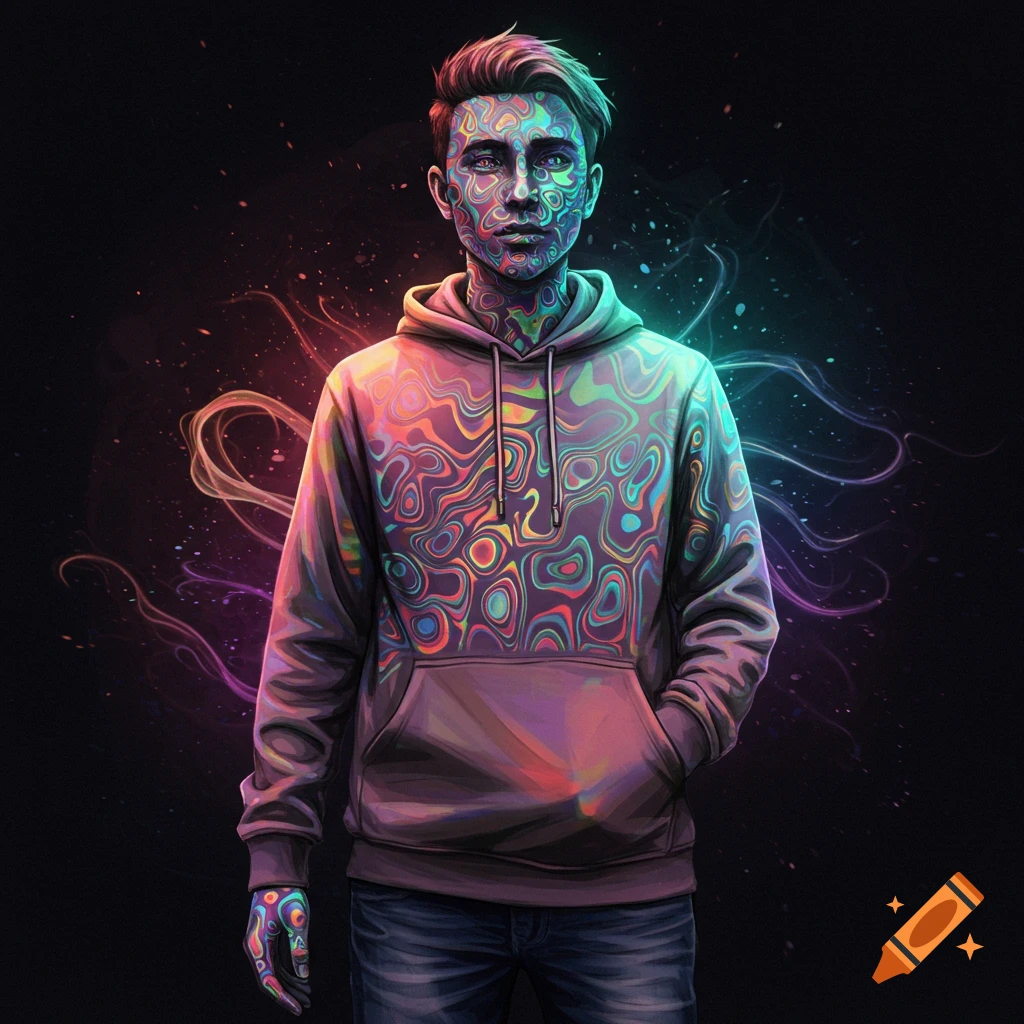 A person with colorful swirling patterns on their face, hand, and hoodie against a dark background with light trails.