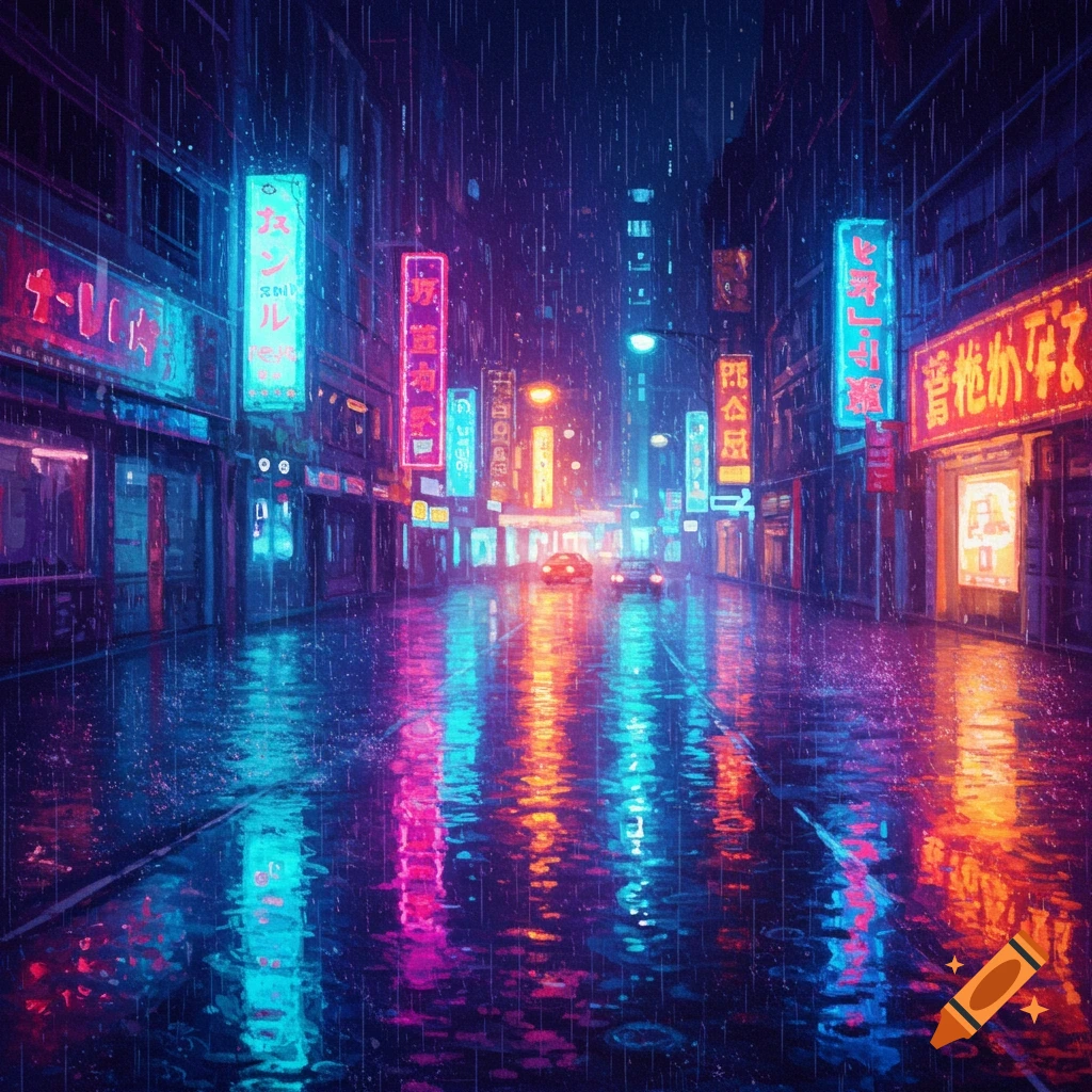 A rainy city street at night with neon lights and reflections