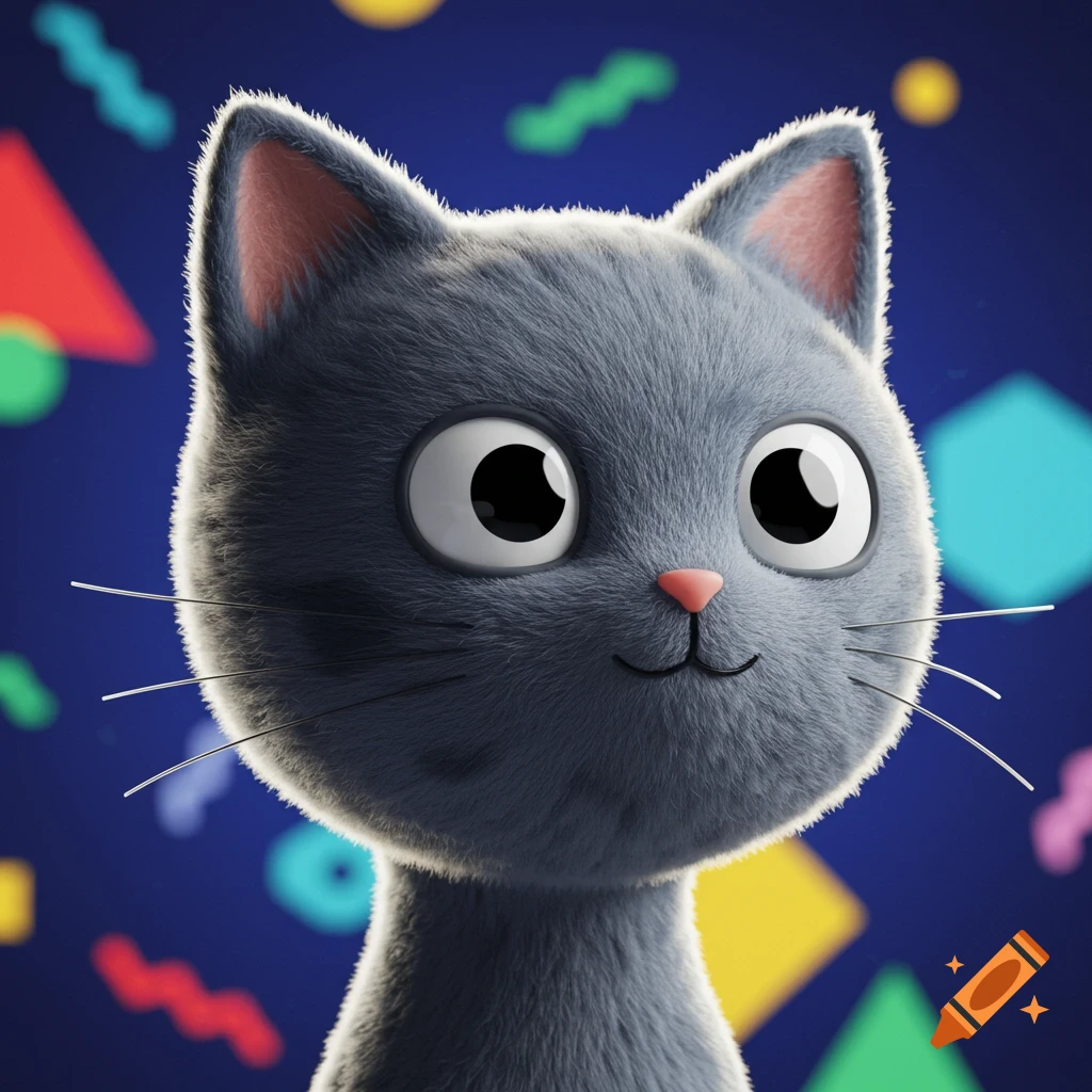 A stylized grey cat with big eyes against a colorful background.