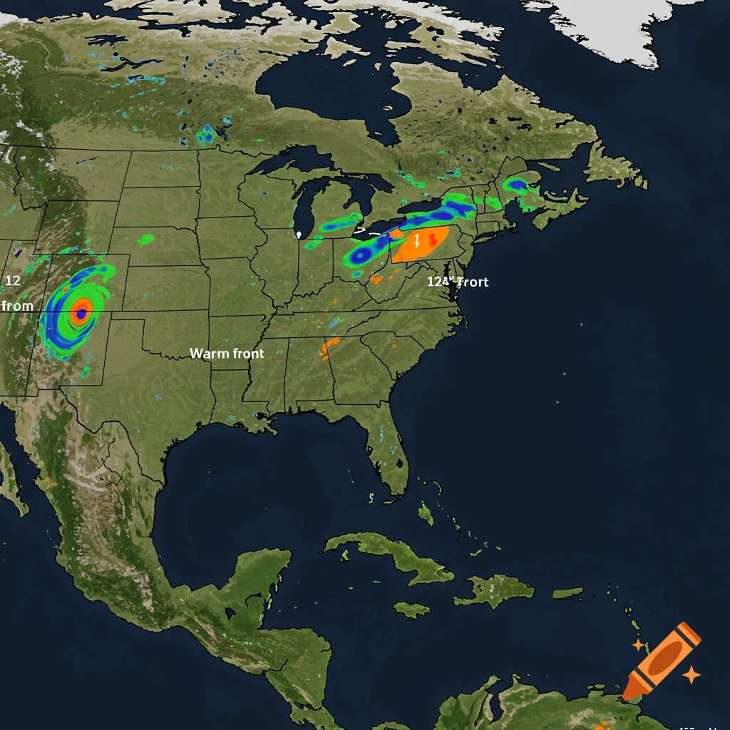 A weather map of North America shows a hurricane off the coast of Texas and weather fronts over the central and eastern United States.
