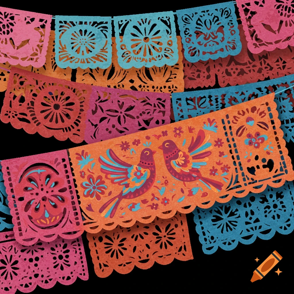 Colorful papel picado banners with intricate cutouts and bird designs against a dark background.