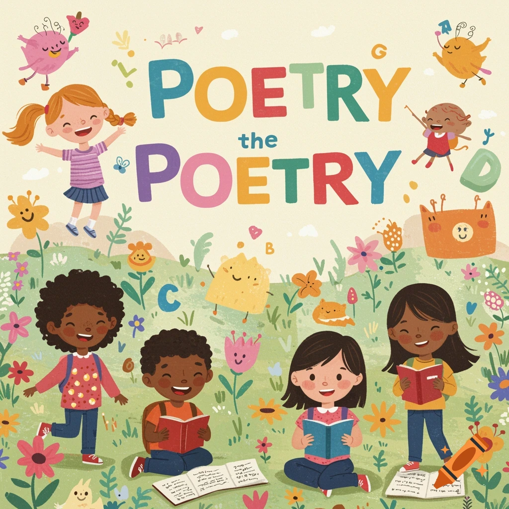 Whimsical illustration of diverse children reading books outdoors, surrounded by colorful flowers, creatures, and large text that reads 'POETRY the POETRY'.