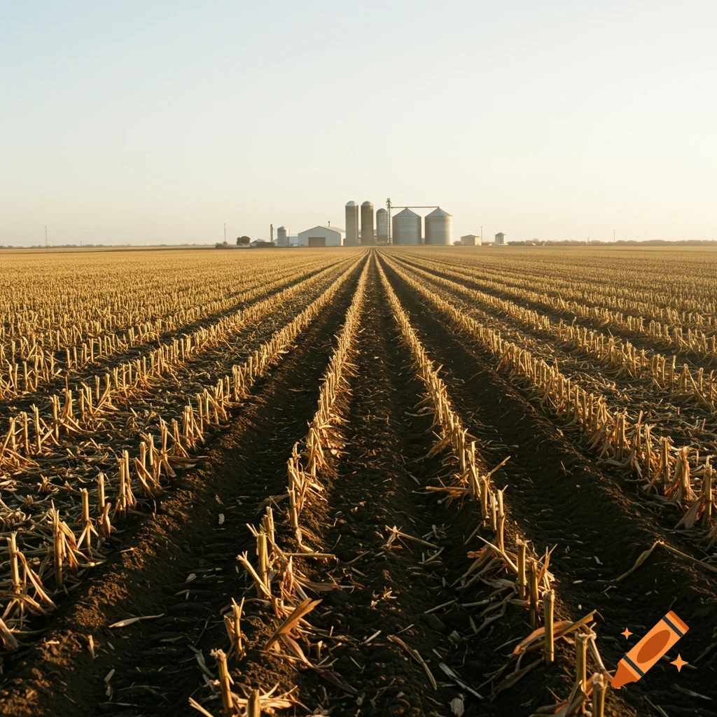 Photorealistic image of rows of dried crops in a field leading towards silos in the distance under a clear sky.