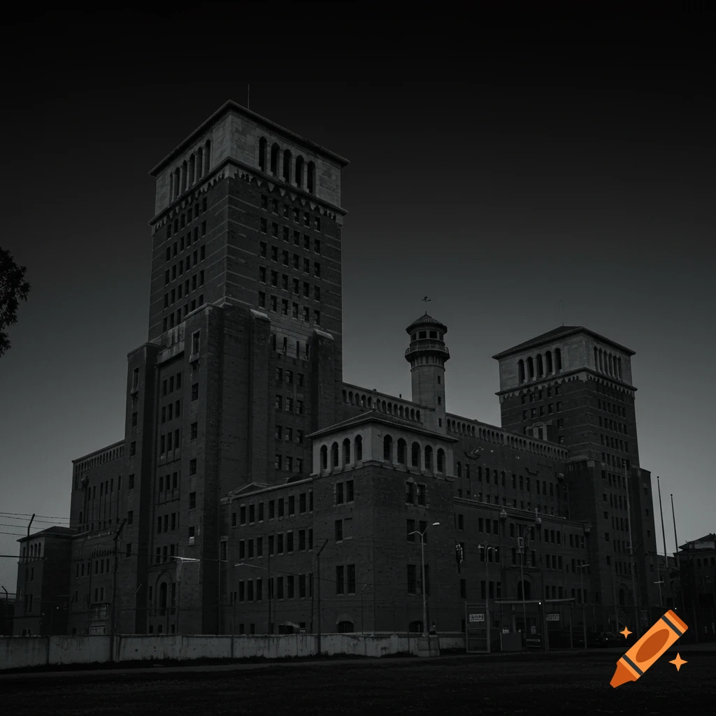 Dark monochromatic photo of a large, imposing correctional facility building.