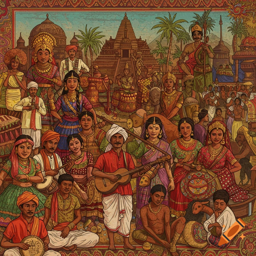 A large gathering of people in traditional clothing are playing music in front of a temple.