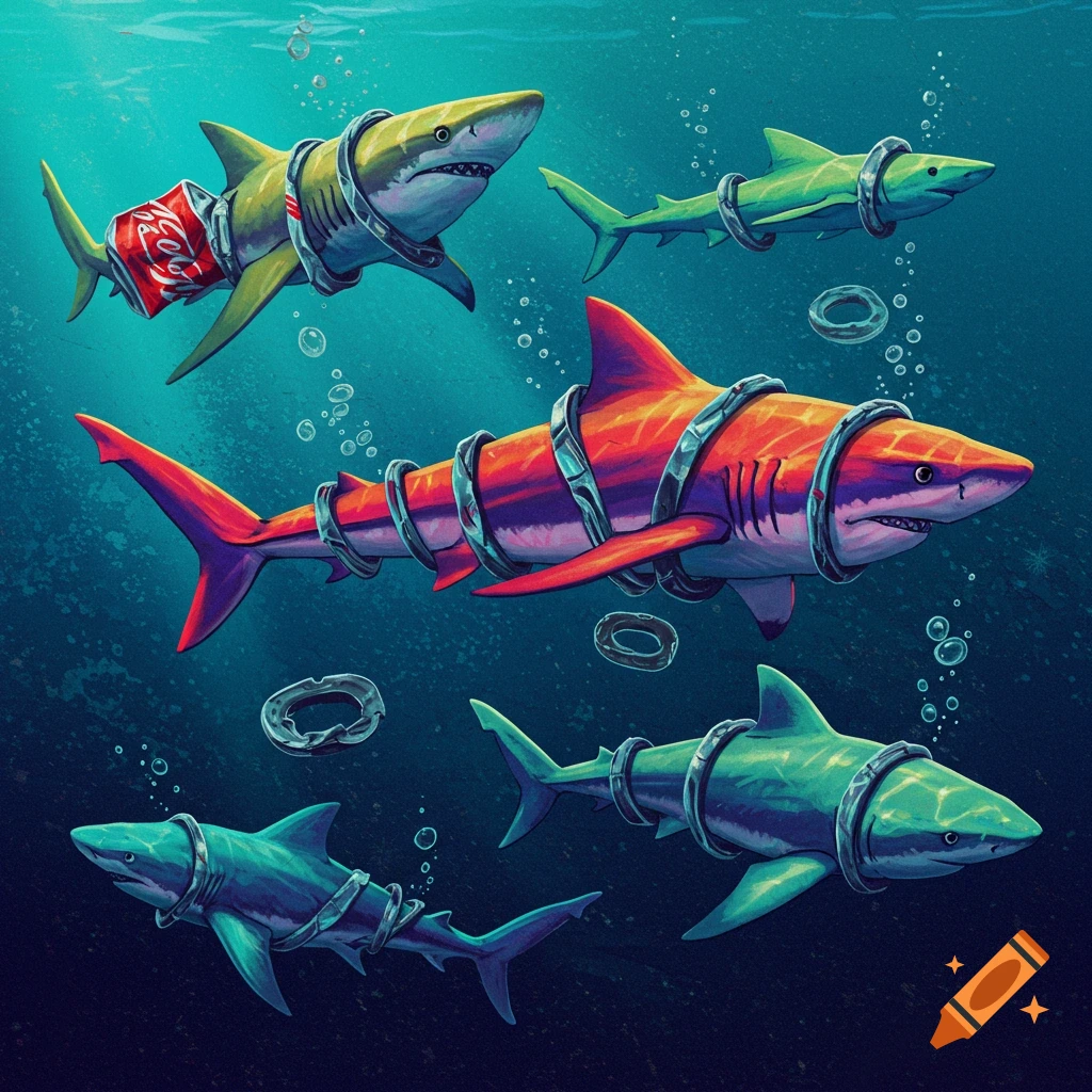 Colorful sharks stuck in plastic six-pack rings underwater with bubbles.