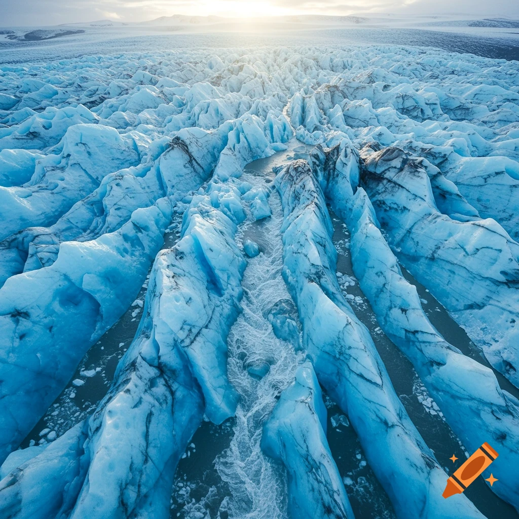 Aerial view looking down over a massive glacier with deep blue ice crevices and a meltwater river flowing through the center. Sunlight shines brightly on the horizon.