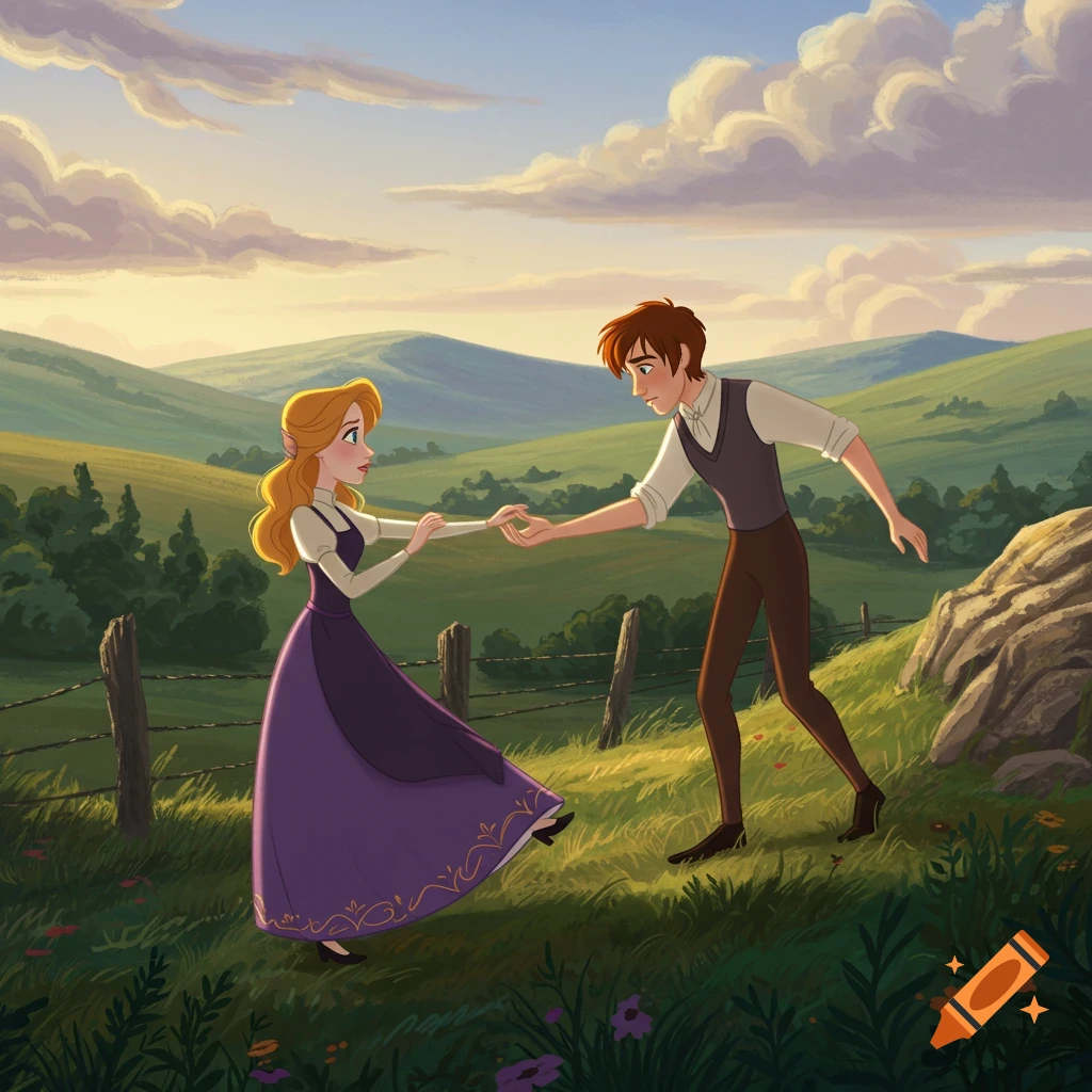 Animated couple holding hands in a grassy field at sunset, in Disney Renaissance style.