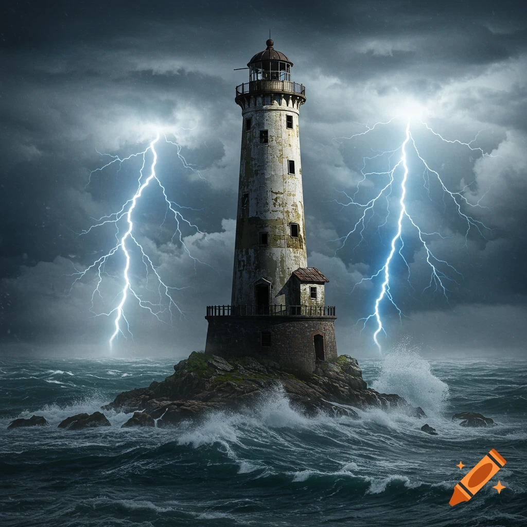 A derelict lighthouse on a rocky island in a stormy sea with lightning