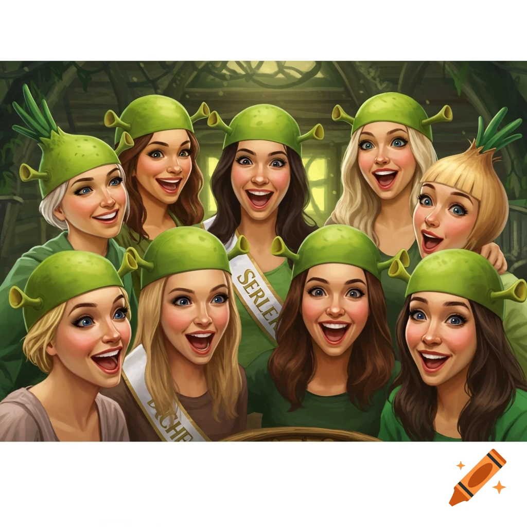 Smiling women wearing green Shrek hats.