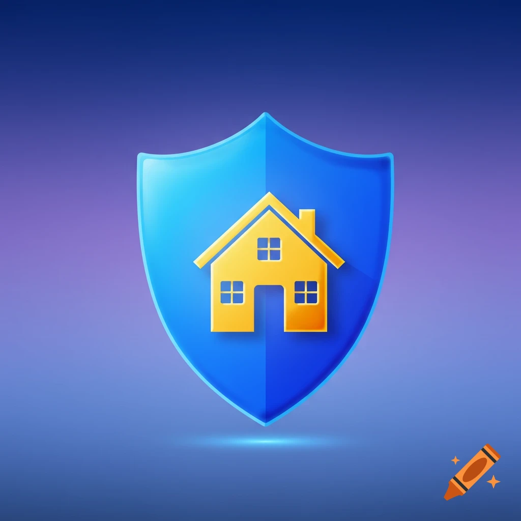 Digital icon of a yellow house on a blue shield.