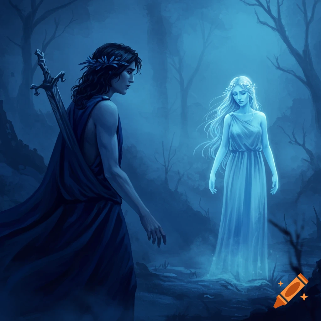 A man looking at a glowing woman in a mystical blue forest.