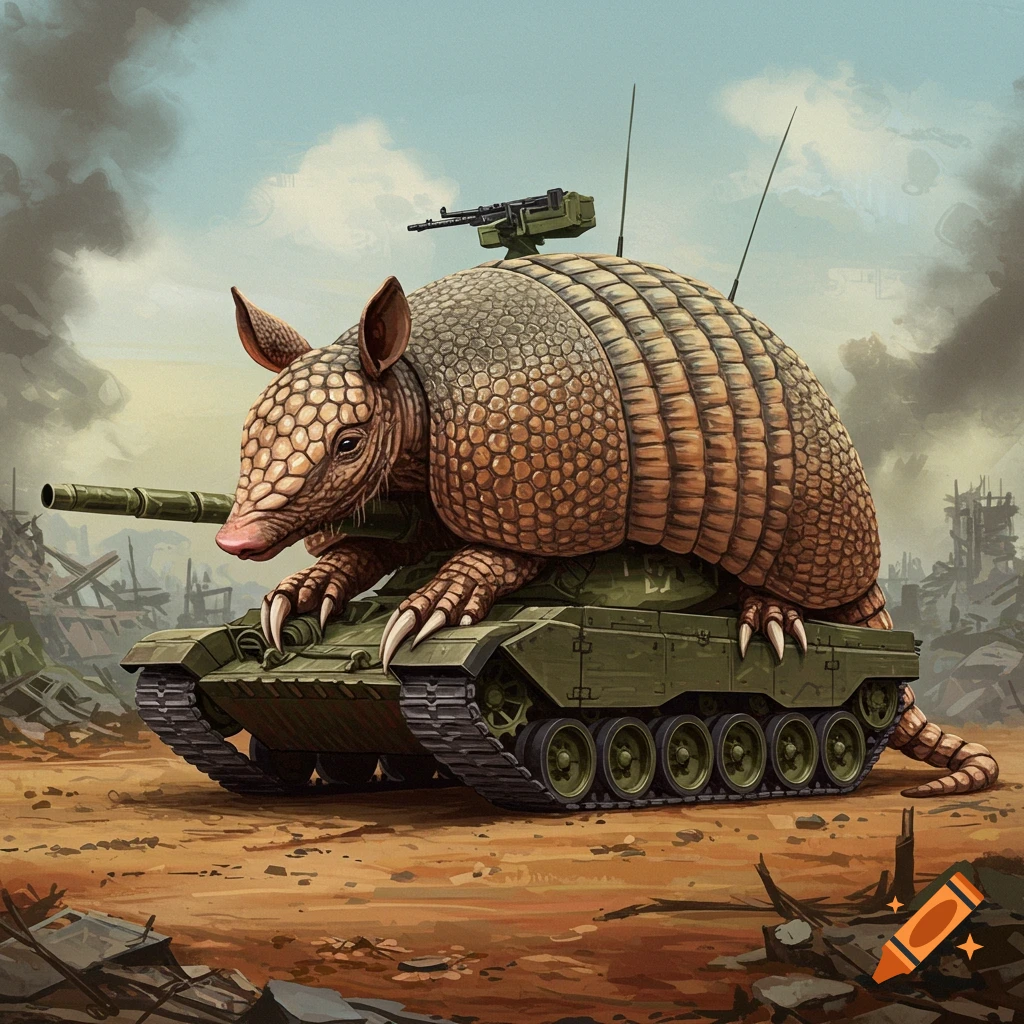 A giant armadillo riding a tank in a destroyed city.