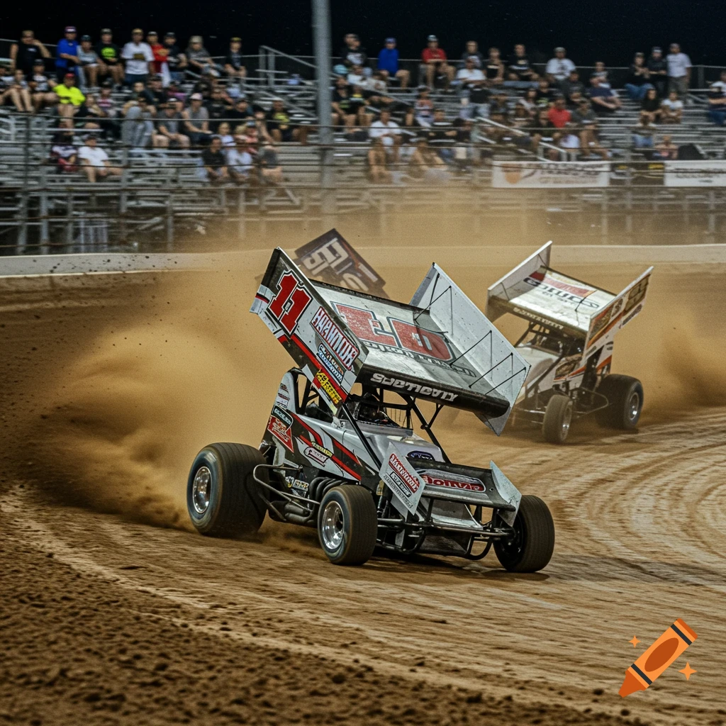Two sprint cars race on a dirt track kicking up dust at night.