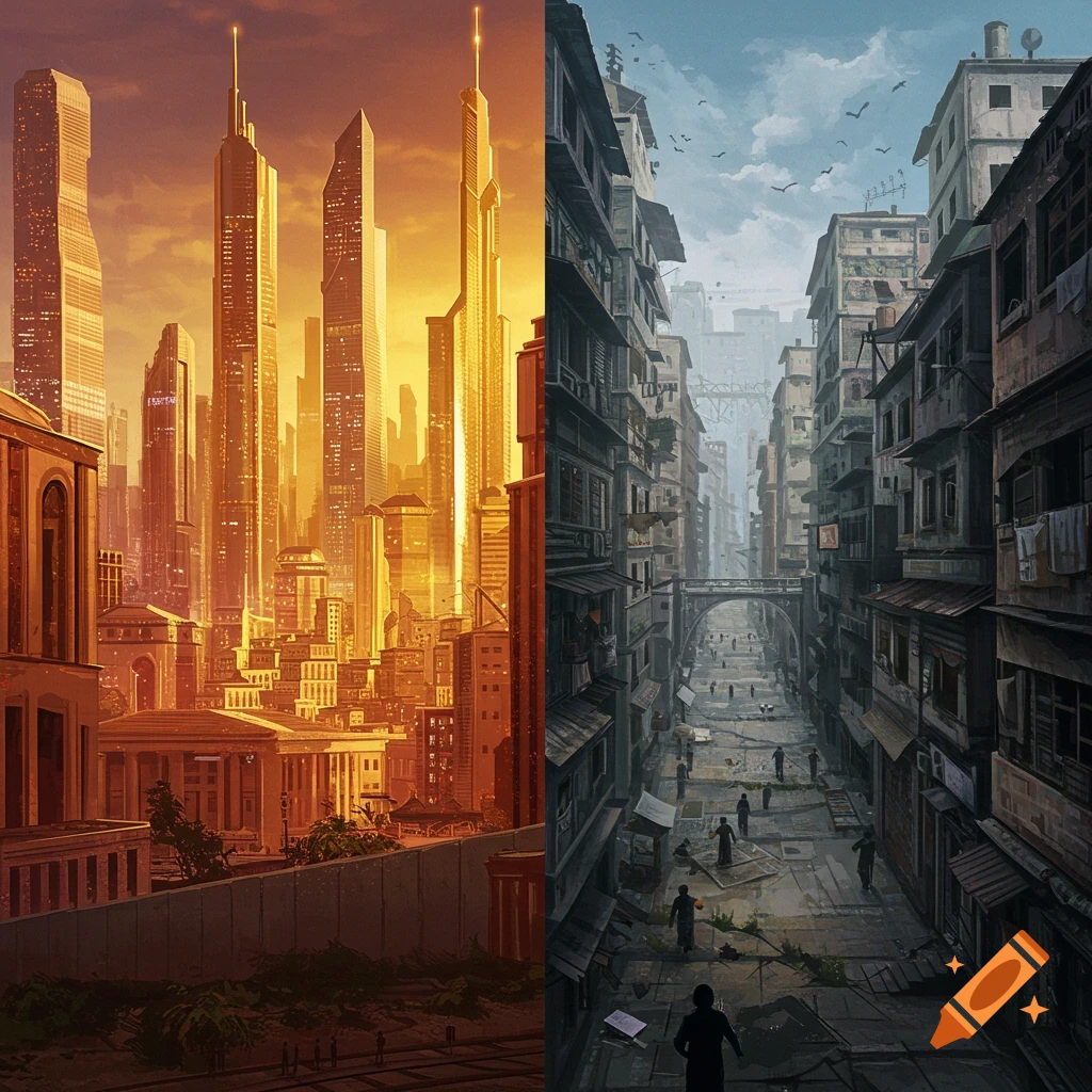 A city split into a bright, futuristic side and a dark, run-down side.