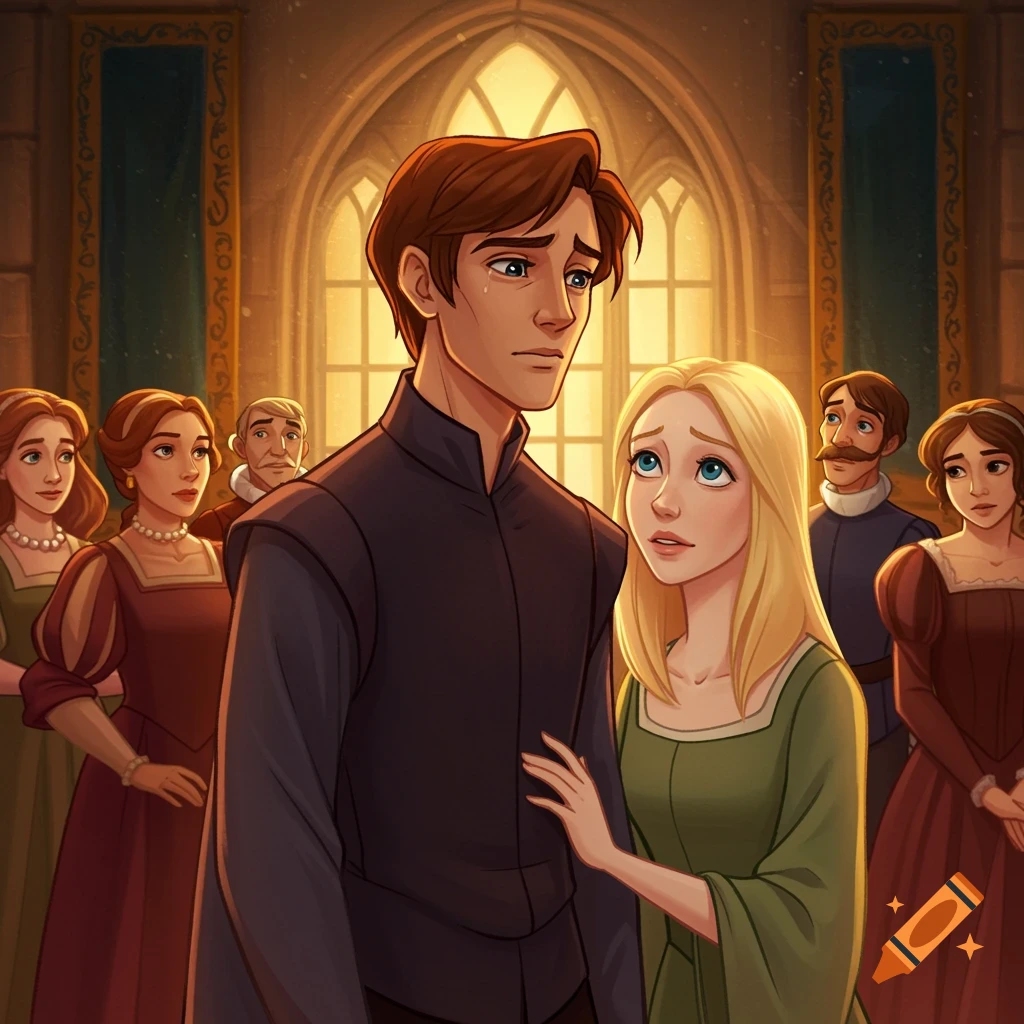 Cartoon drawing of a sad man and a concerned woman in a castle hall surrounded by courtiers.
