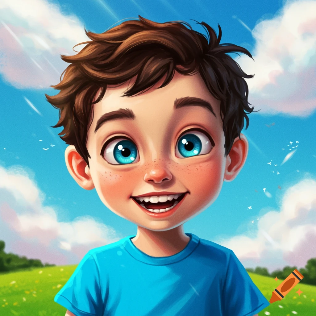 Children's illustration of a smiling young boy with blue eyes and freckles in a sunny meadow.