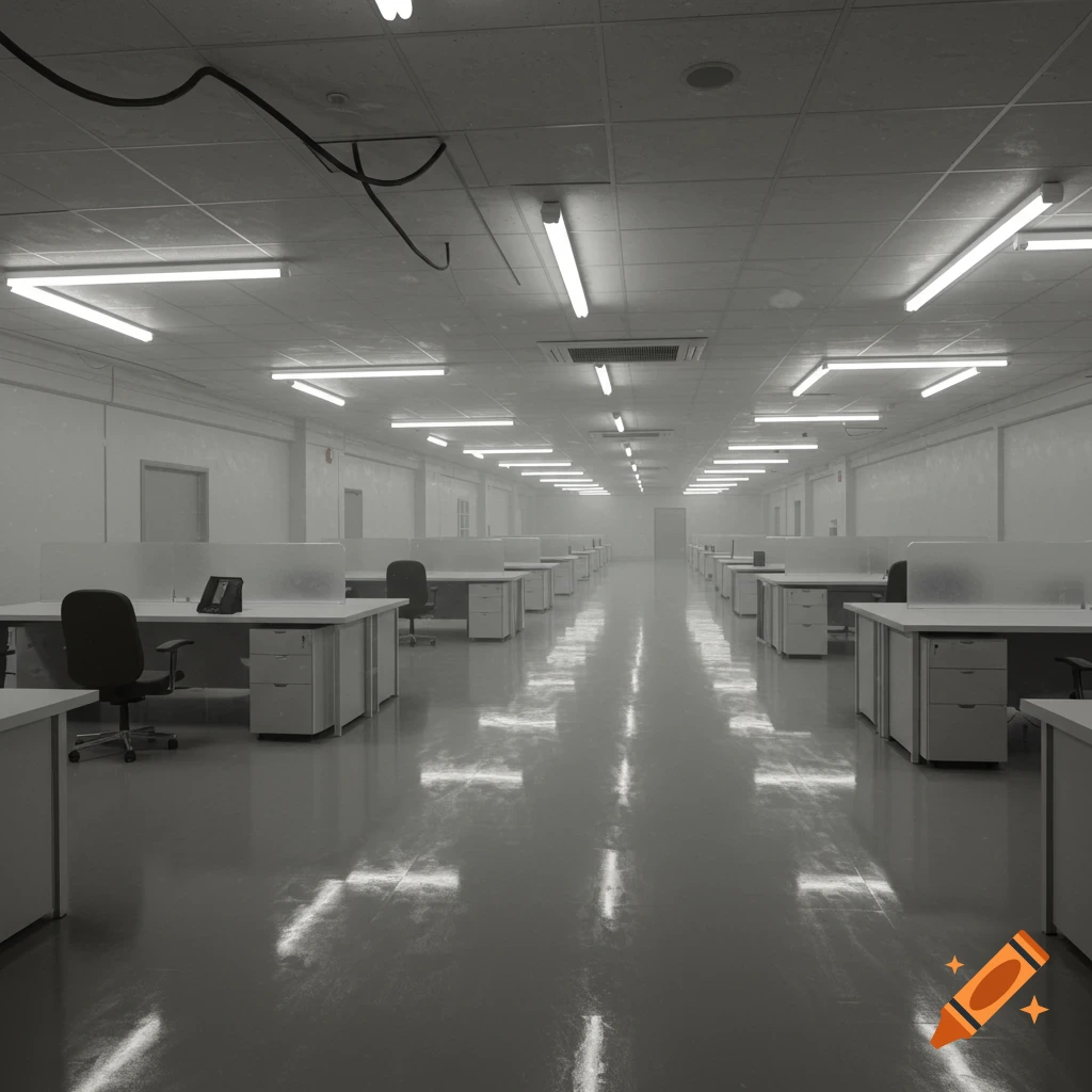 An empty, endless office hallway with rows of desks and fluorescent lights.