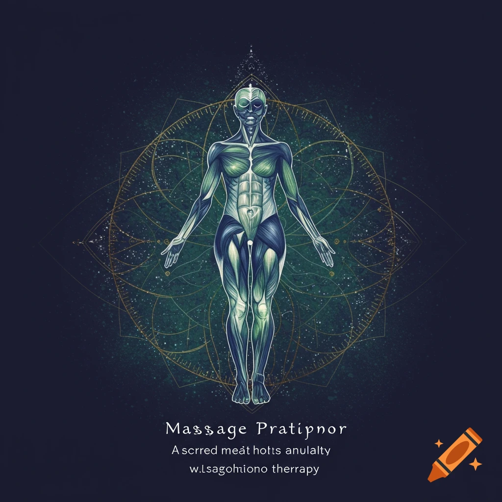 Stylized anatomical illustration of a figure with muscles over a sacred geometry mandala.