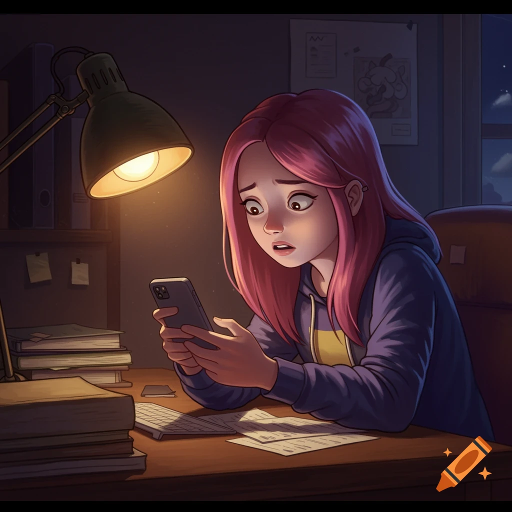 Digital art of a teenage girl with pink hair looking worriedly at her phone at a desk under a lamp.