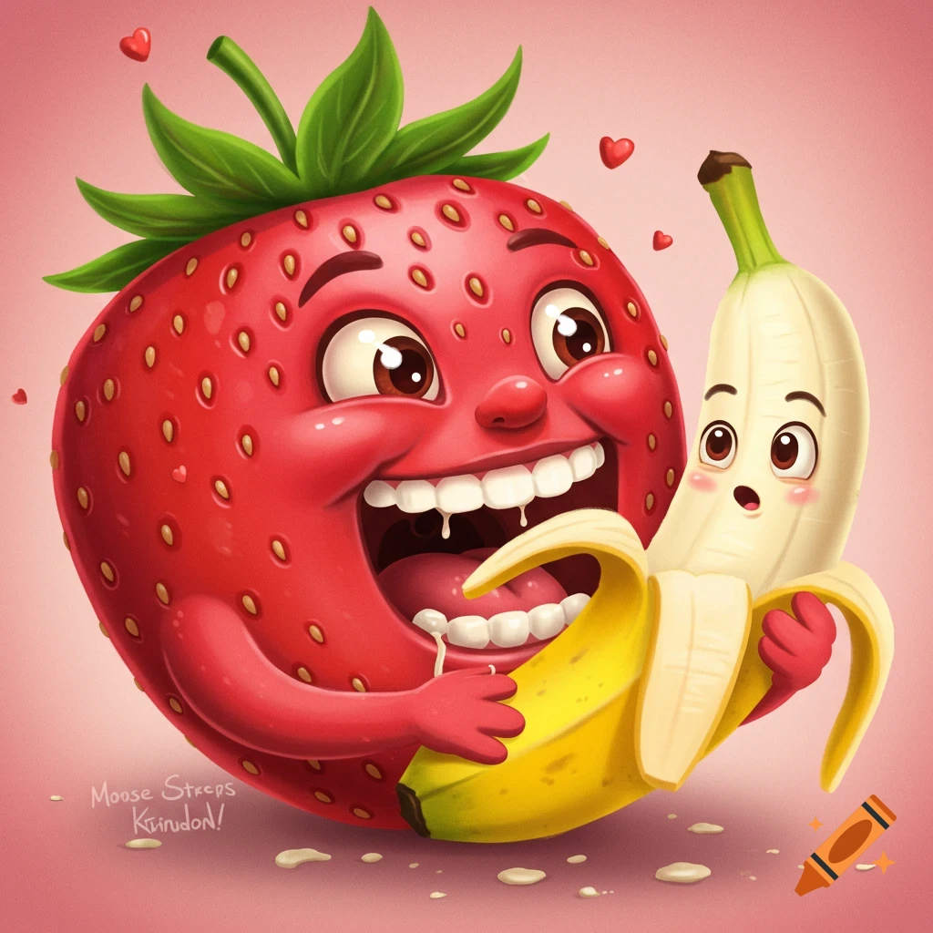 Cartoon strawberry character eating a banana character with hearts.