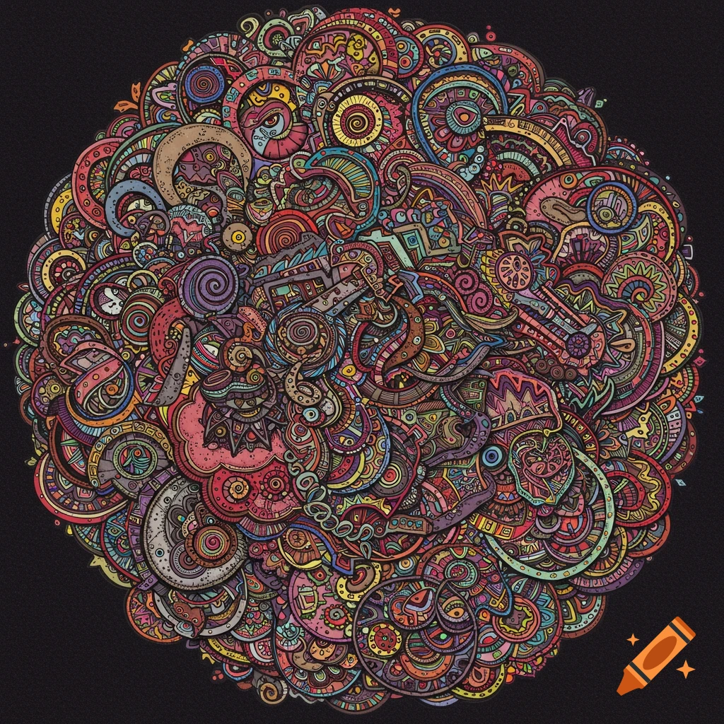 A highly intricate and colorful abstract pattern resembling a mandala or detailed doodle.
