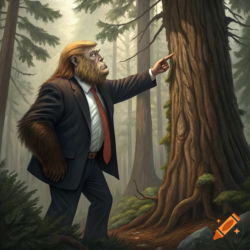 Bigfoot creature in a suit points at a large tree in a forest.