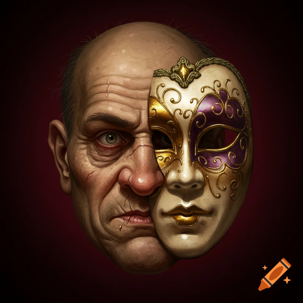 Half an older man's face and half an ornate Venetian mask