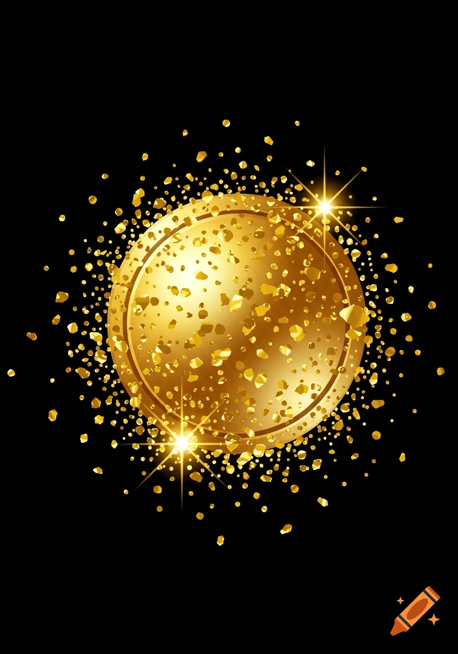 Golden disc surrounded by shimmering flakes and sparkles on a black background.