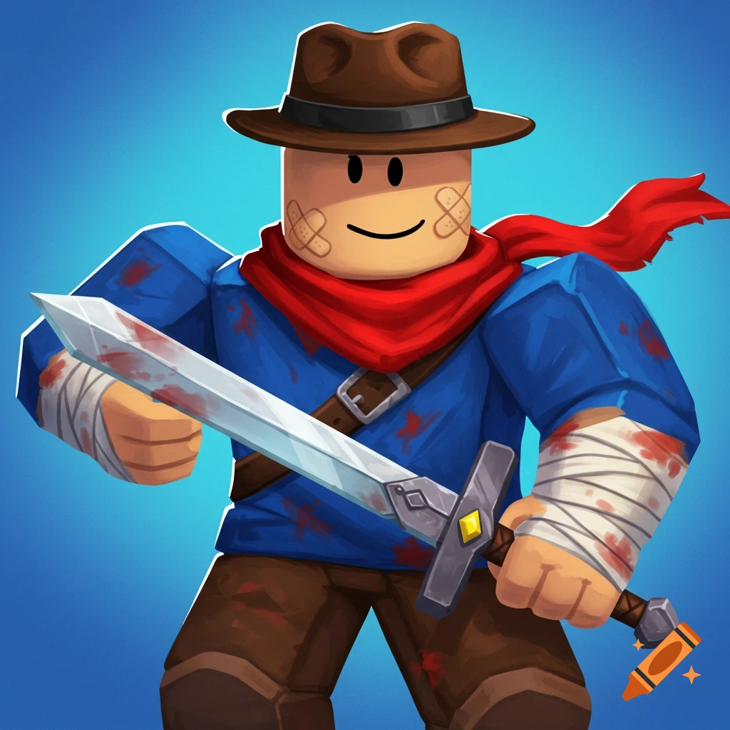 A Roblox character in a brown hat, red scarf, and bandages holding a sword.