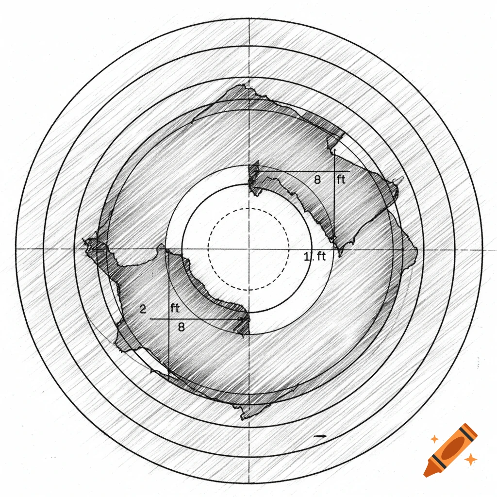 Sketch of a technical diagram with concentric circles, an irregular shape inside, and measurement labels.