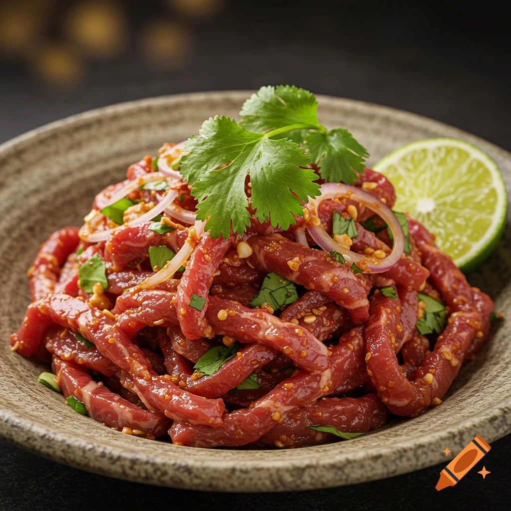 A close-up photo of a bowl of raw meat salad garnished with red onions and cilantro, served with a lime wedge.