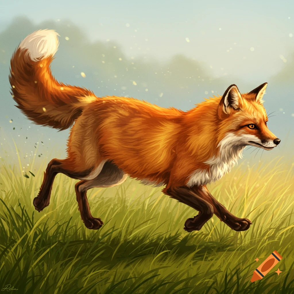 A red fox running through tall grass.