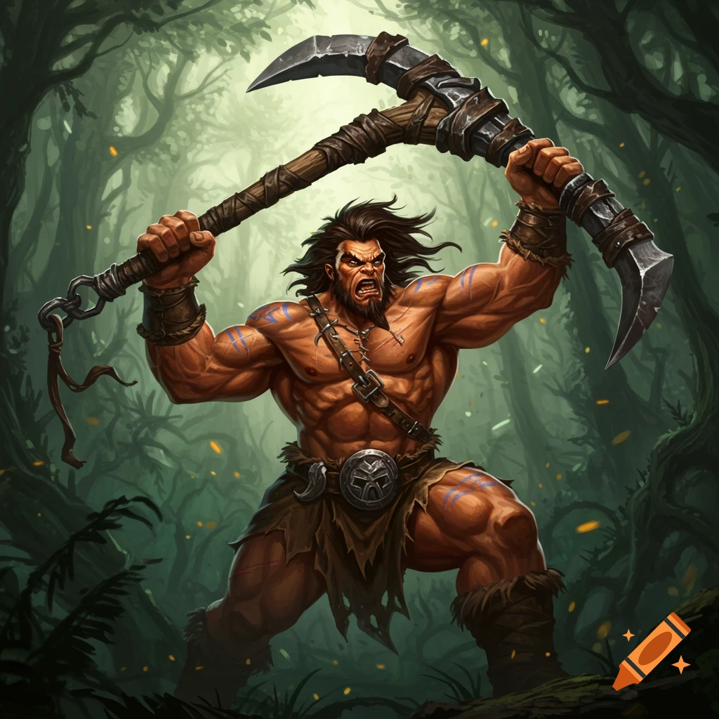 A muscular barbarian swings a large claw hookshot in a forest.