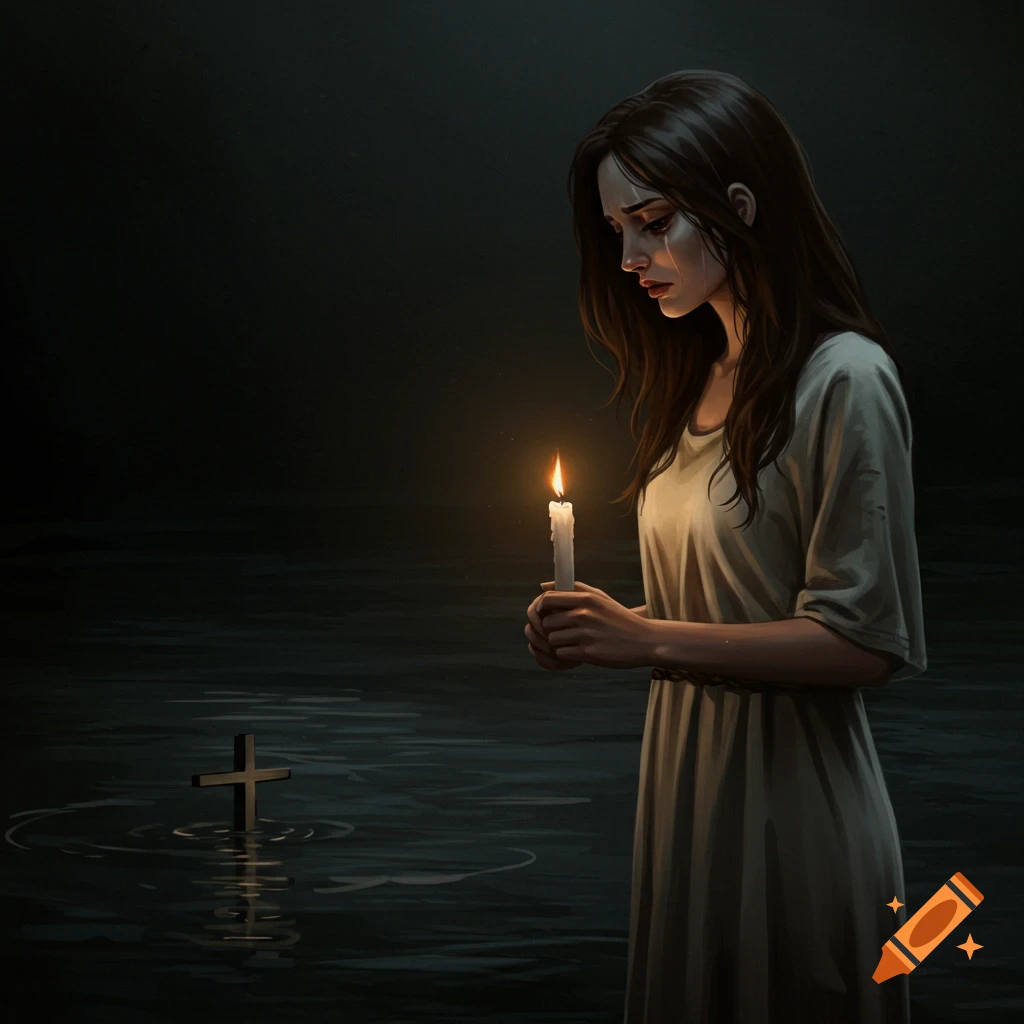 A sad woman holding a candle by dark water with a cross visible.
