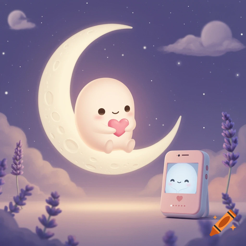 Cute character sitting on a crescent moon, holding a heart. A phone shows another character.
