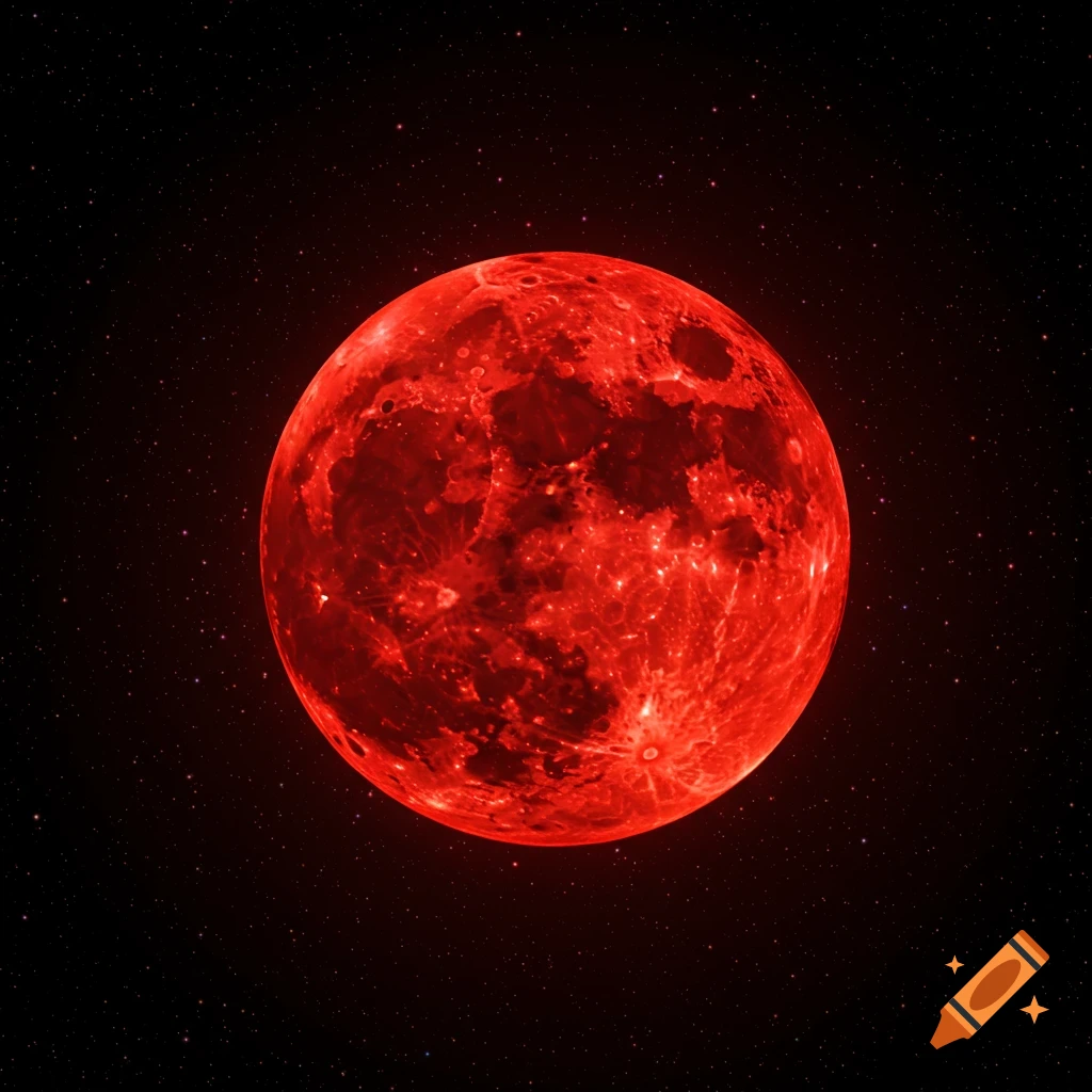 A vibrant red moon against a background of twinkling stars.