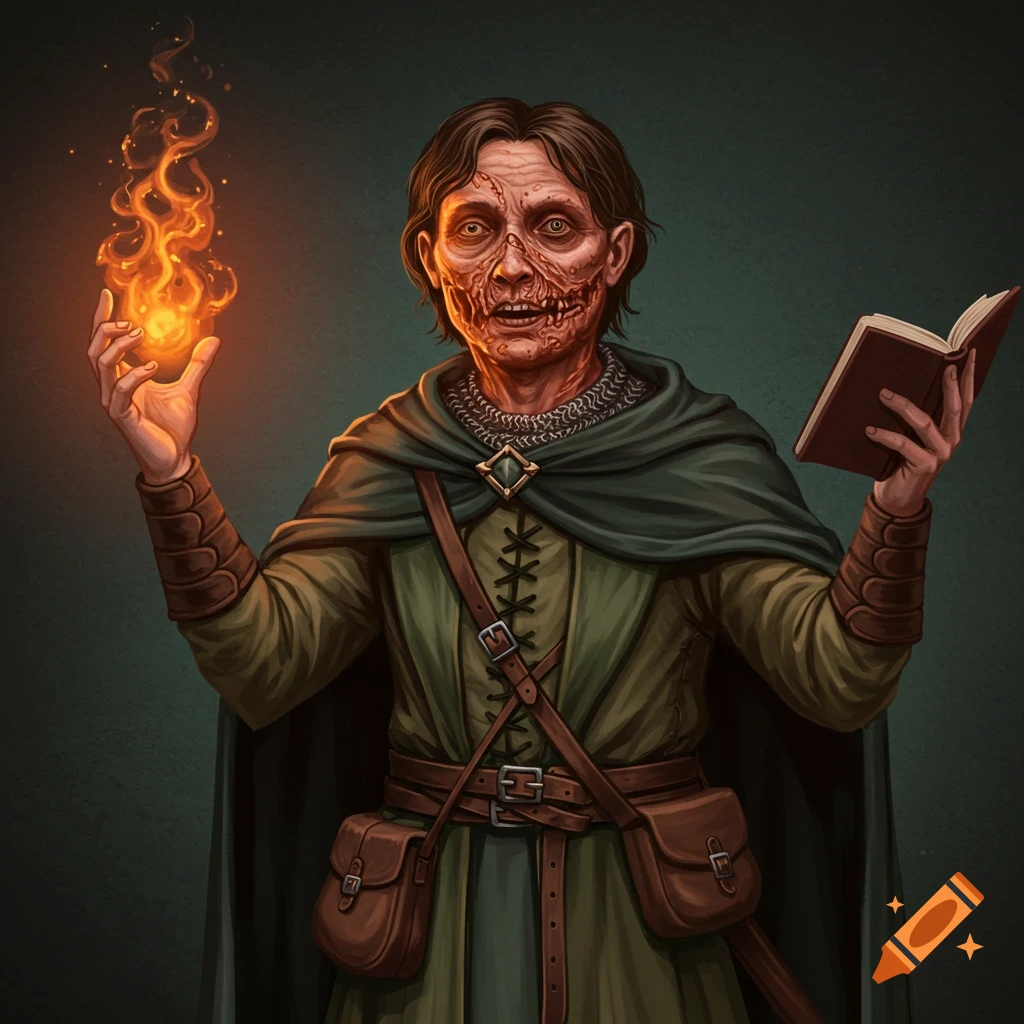 A human mage with a scarred face, wearing medieval clothes, holds a flaming orb and a book.