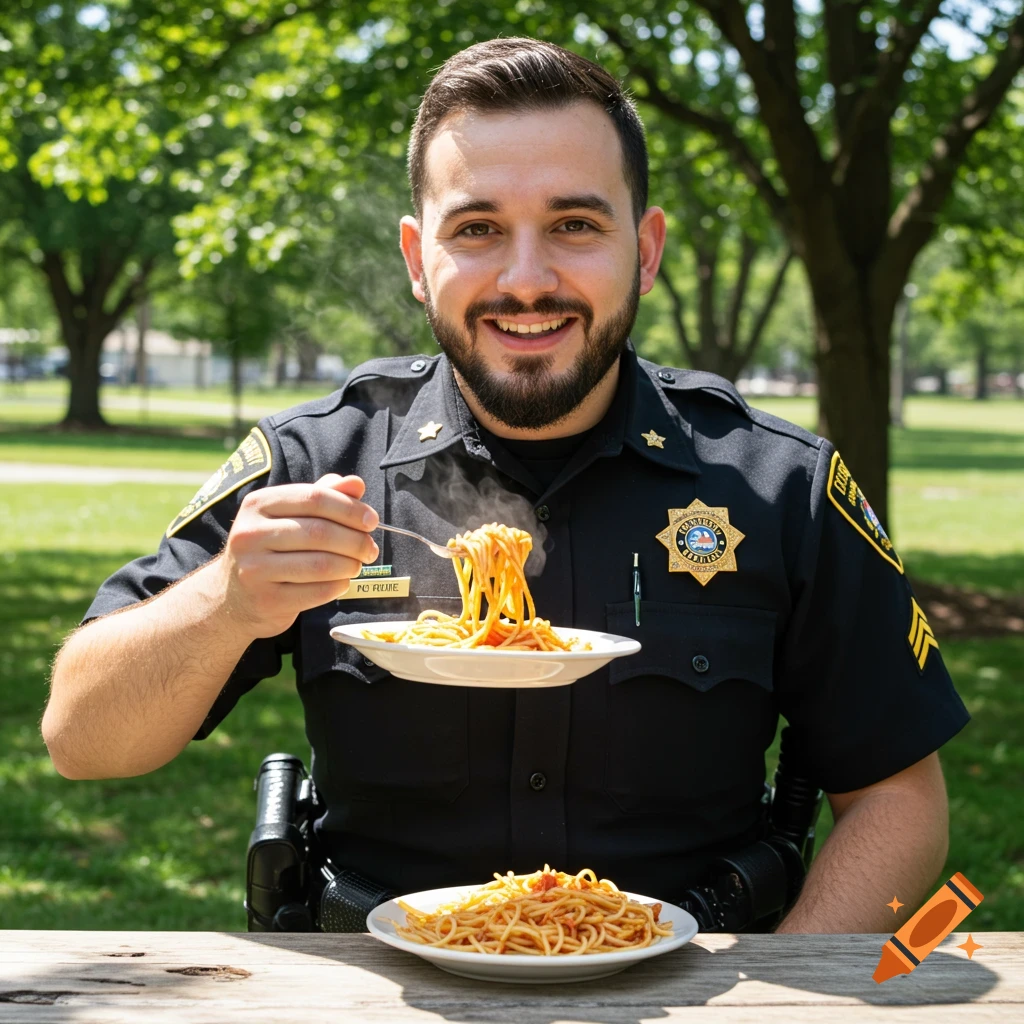 Photorealistic image of a police officer in uniform eating spaghetti outdoors at a picnic table.