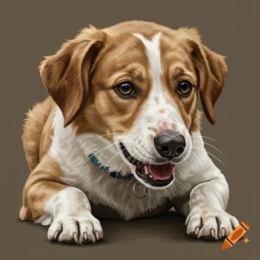 A brown and white dog lying down