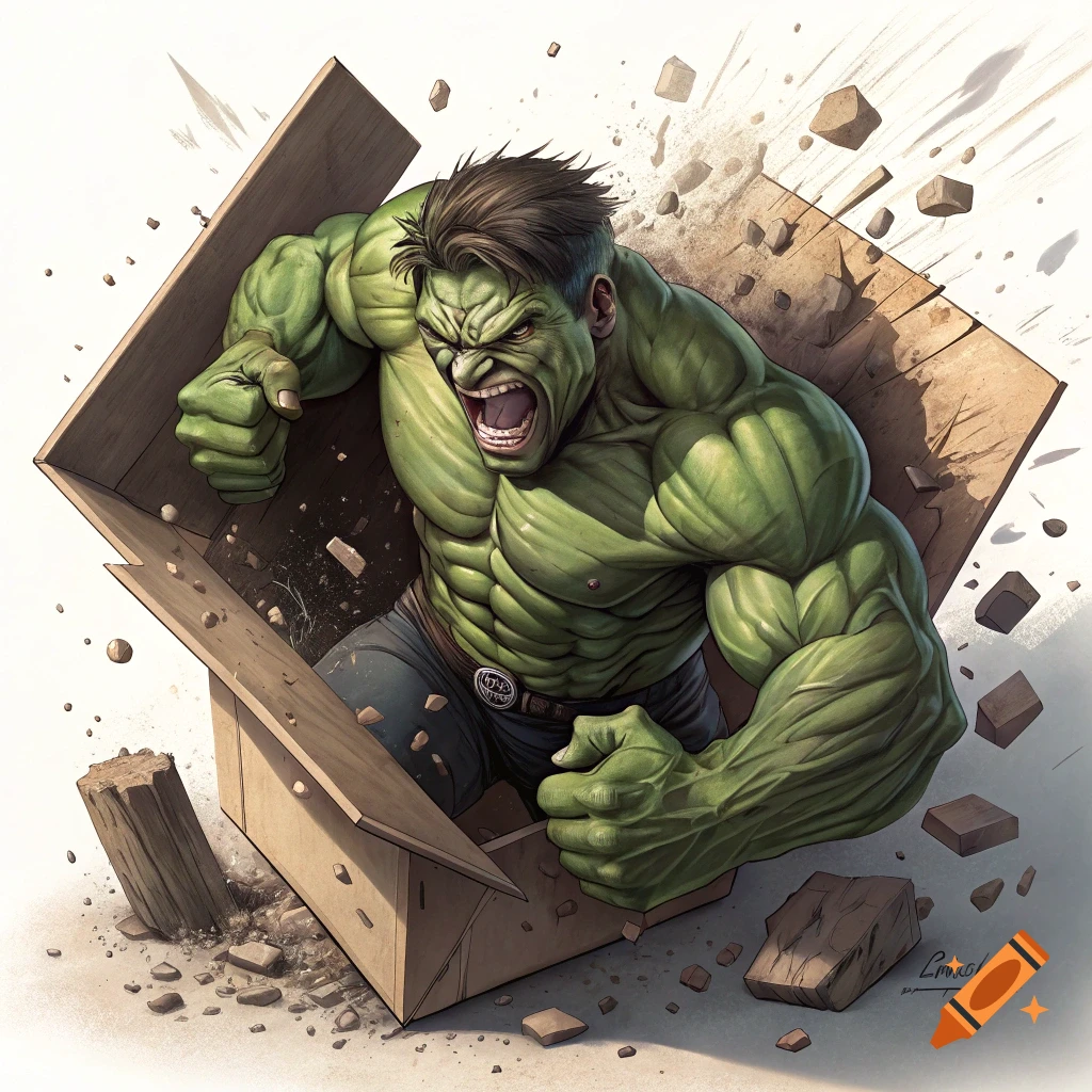 Hulk bursts from a cardboard box, punching through the side in a dynamic comic art style.