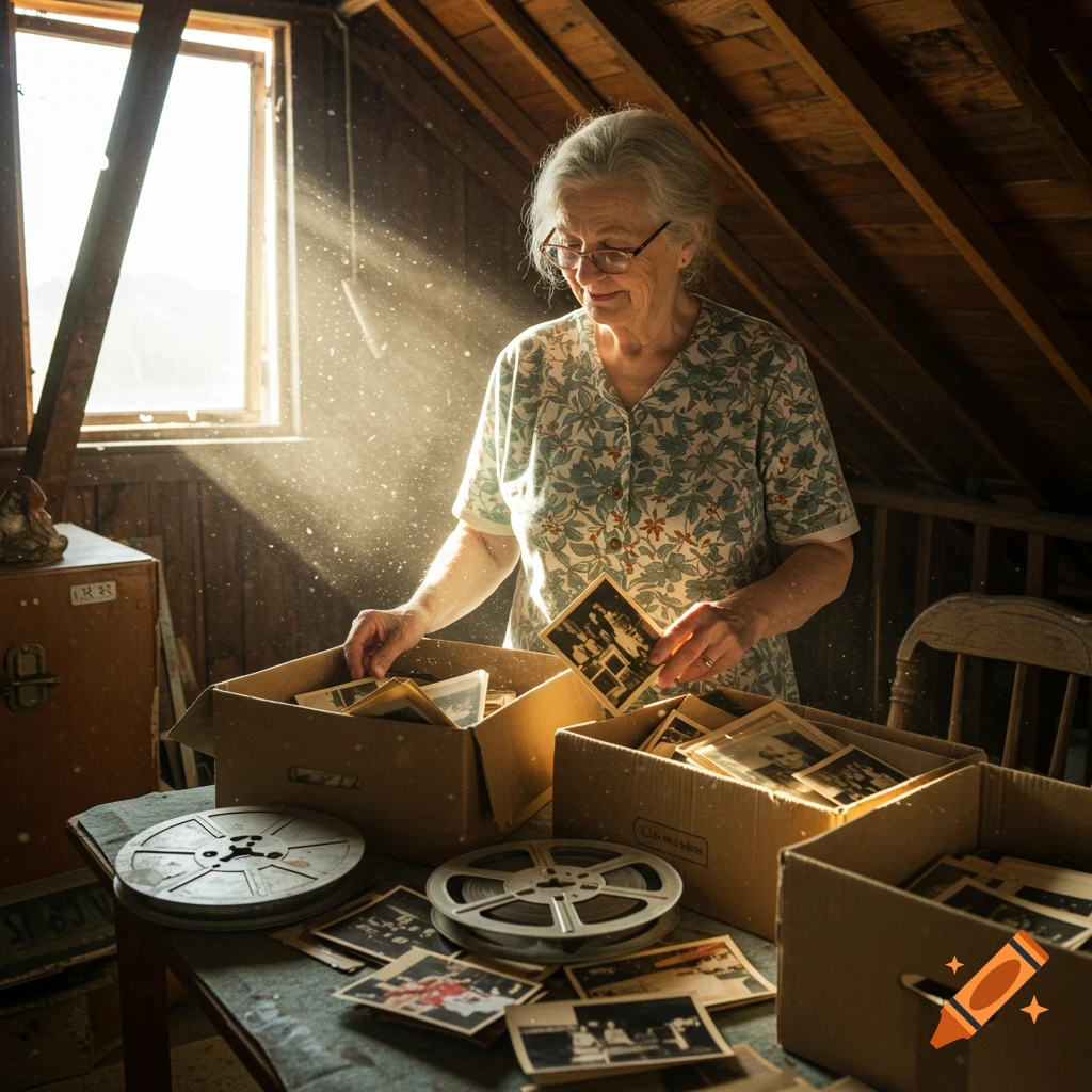 An old woman looks through boxes of old photos and film reels in a dusty attic.