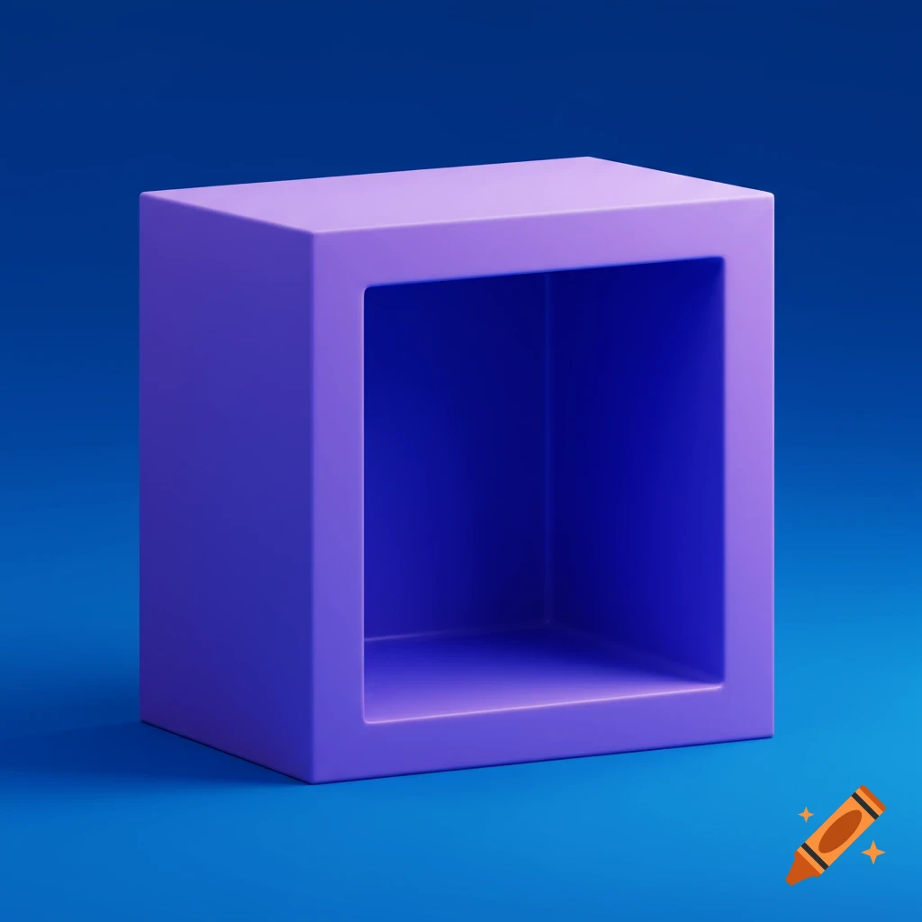 A purple hollow cube on a blue background, digital art style.