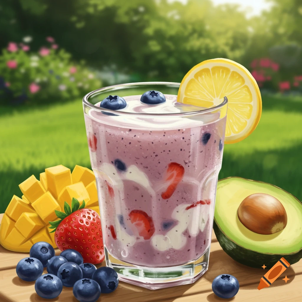 A smoothie with fruit on a table in a garden.