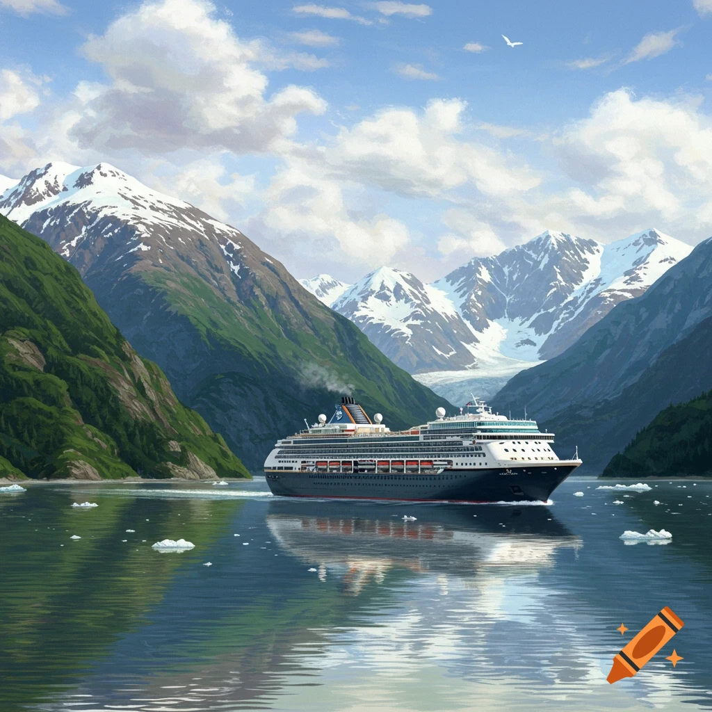 A cruise ship sailing in an Alaskan fjord with snow-capped mountains and ice.