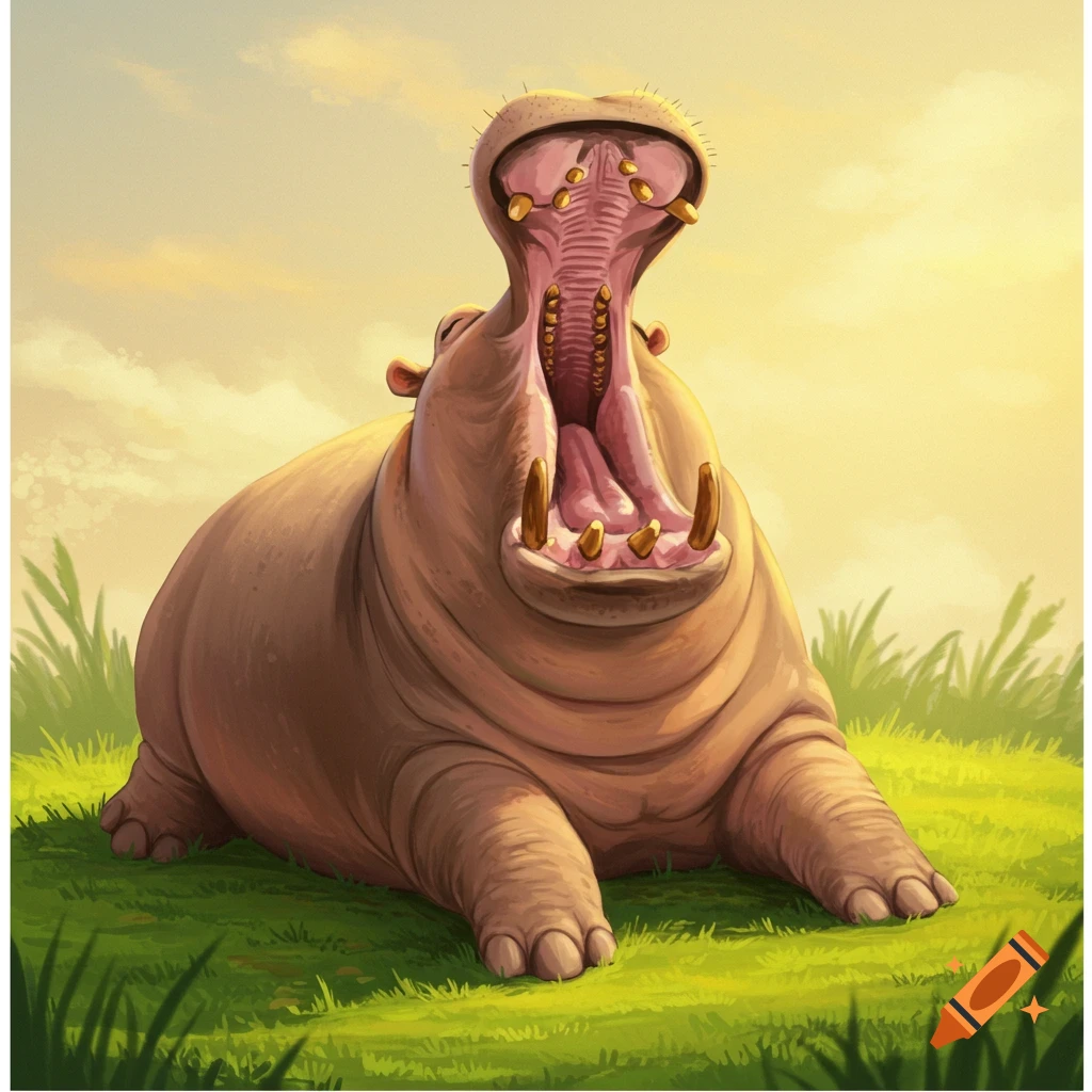 A hippo laying on grass with its mouth wide open.