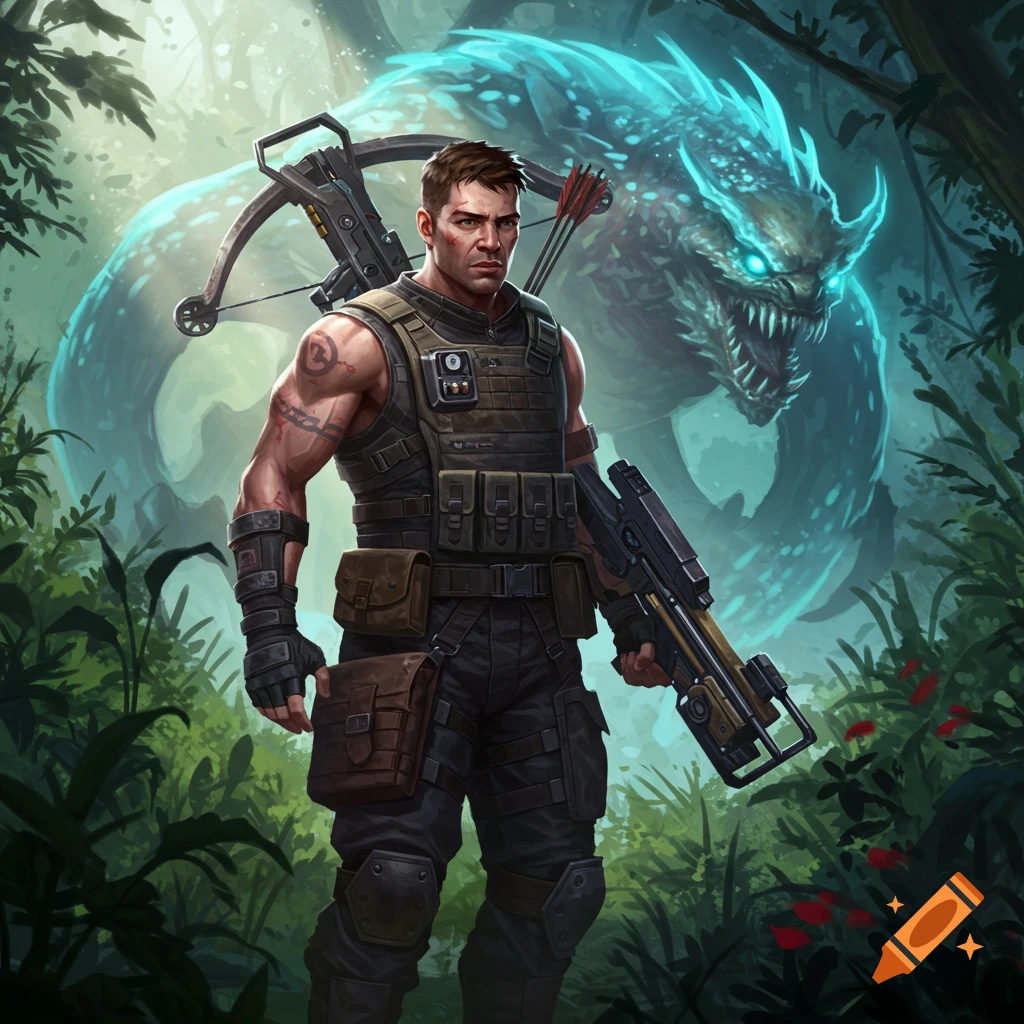 A monster hunter with a crossbow and gun stands in a forest with a glowing monster behind him.