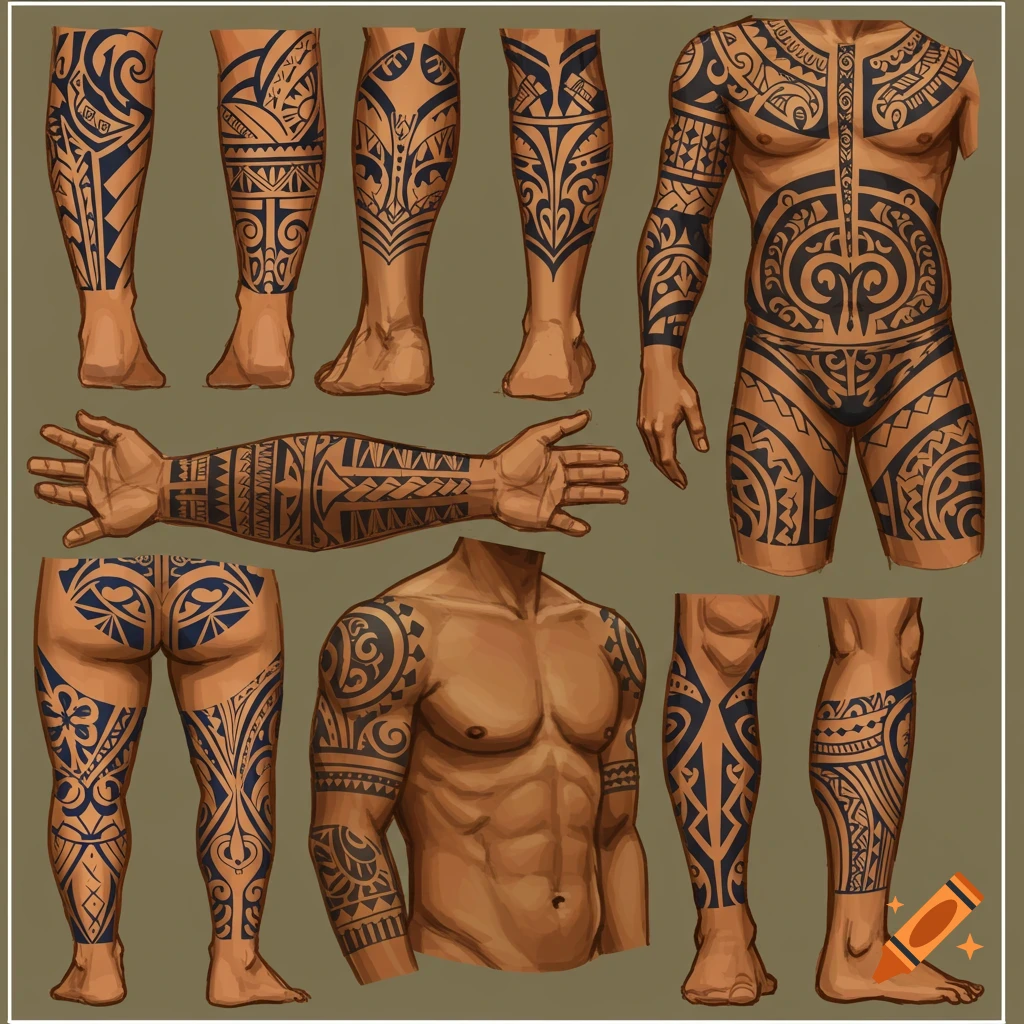 Examples of Micronesian-style tribal tattoos on different body parts.