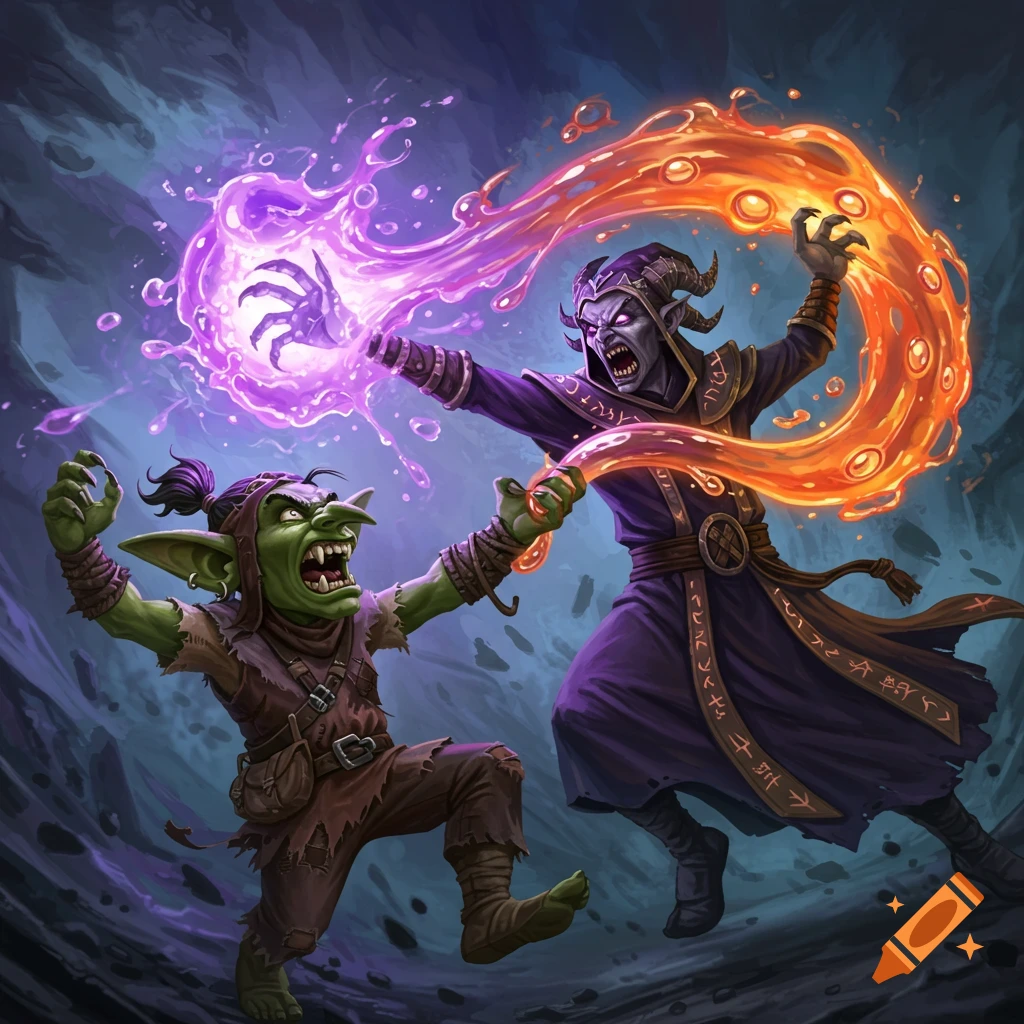 A goblin and dark wizard battling with purple and orange magic