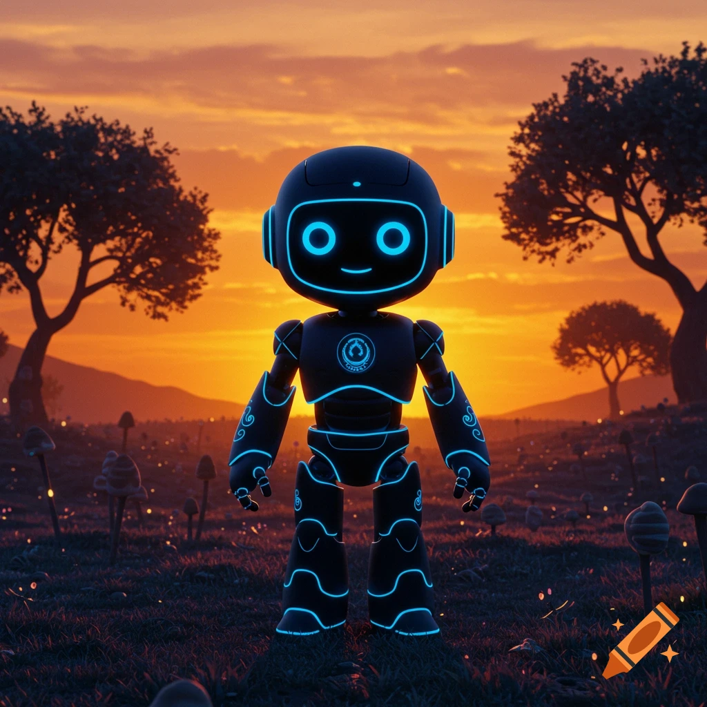 A cute futuristic robot with glowing blue lines stands in a field of grass and mushrooms under a vibrant orange sunset.
